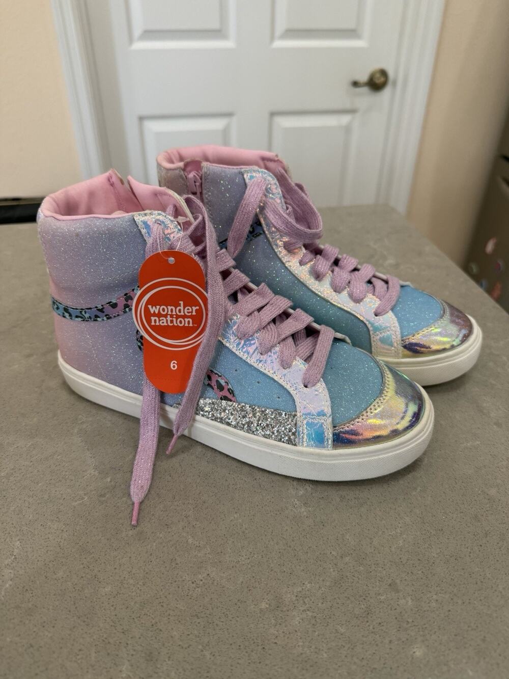 Wonder Nation Big Girls Colorful Glitter High Top Sneaker Pink Blue Size 6 NEW